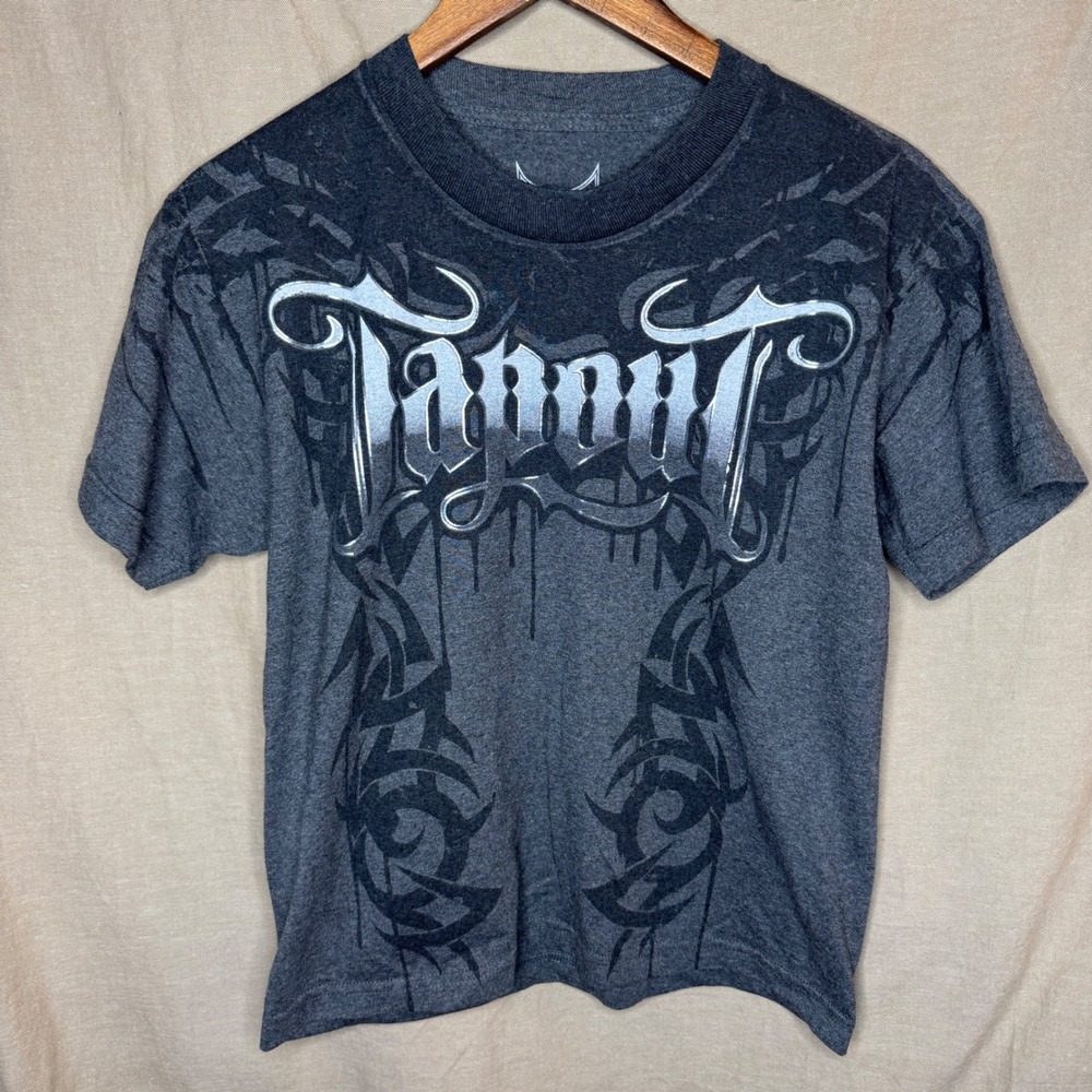Tapout Boys Large 14/16 Graphic Tee Charcoal Gray Silver Foil Tribal MMA Shirt